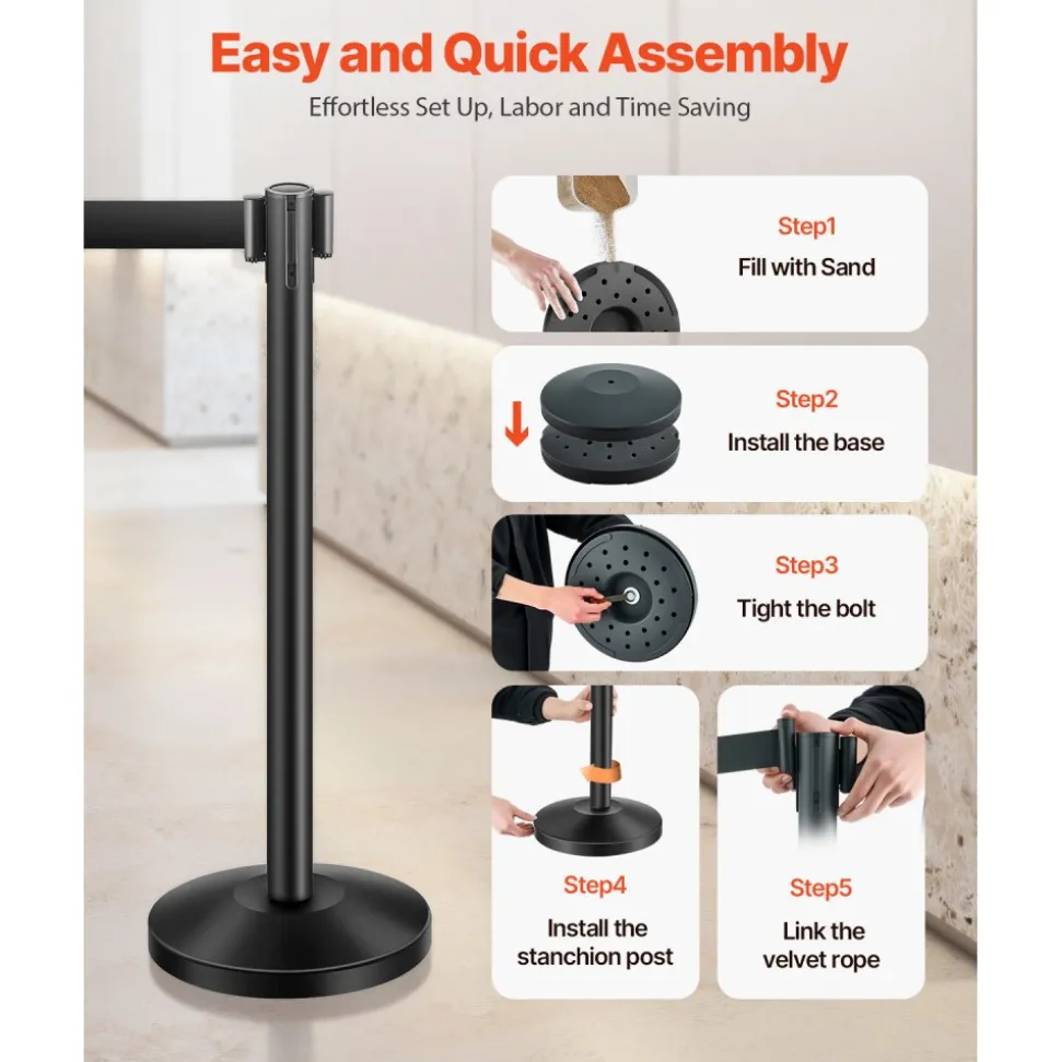 VEVOR Stanchion Post, 4 Pcs Stanchions with Retractable Belts, Carbon Steel Black Stanchions Queue with Sand Injection Hollow Base, Crowd Control Barriers for Theaters, Parties, Weddings, Exhibitions