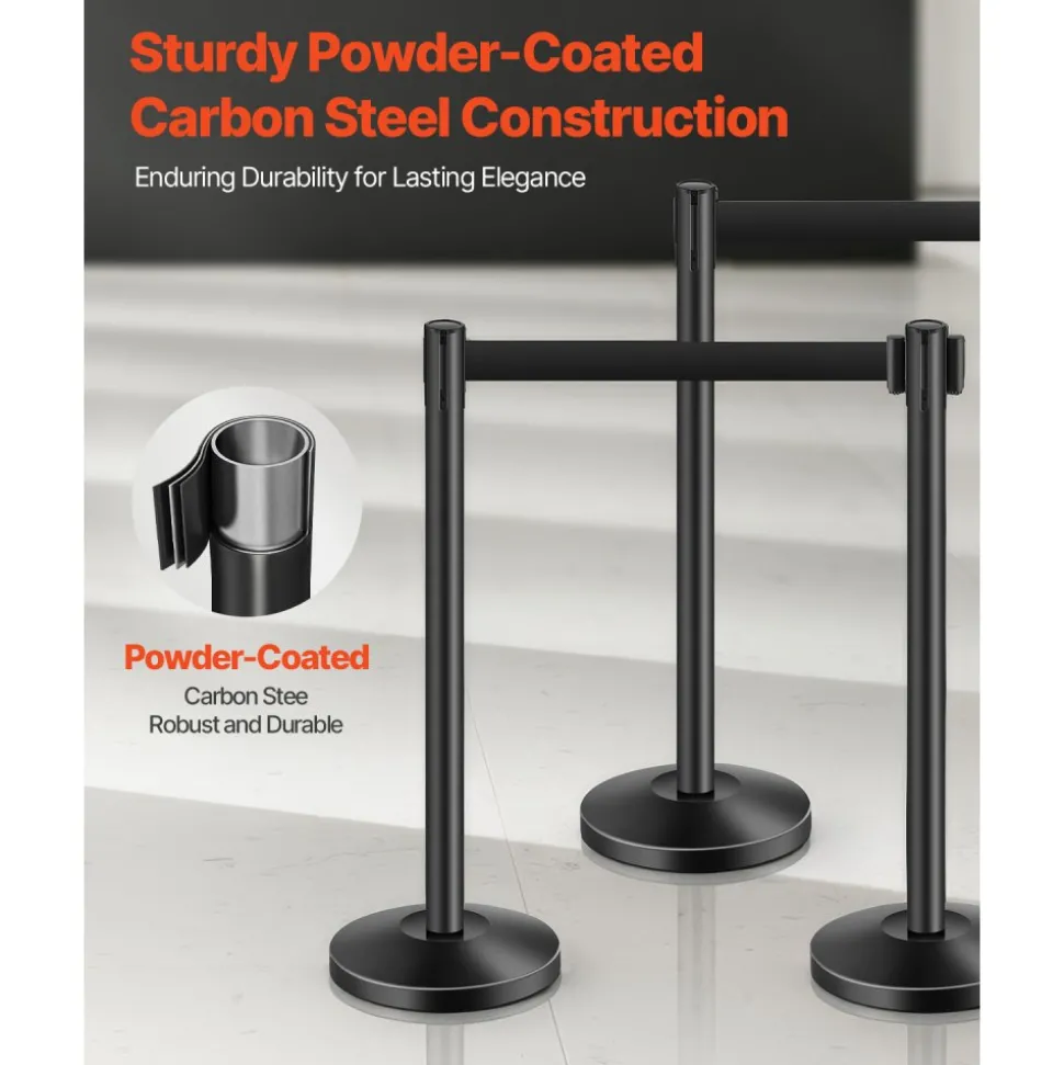 VEVOR Stanchion Post, 4 Pcs Stanchions with Retractable Belts, Carbon Steel Black Stanchions Queue with Sand Injection Hollow Base, Crowd Control Barriers for Theaters, Parties, Weddings, Exhibitions