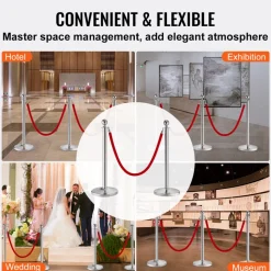 VEVOR Stanchion Post with Velvet Rope, 4-Pack Crowd Control Stanchion with 2PCS 5FT Red Velvet Ropes, Stainless Steel Queue Barrier Line Divider with Fillable Plastic Base, Ball Top for Wedding Museum