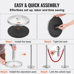 VEVOR Stanchion Post with Velvet Rope, 4-Pack Crowd Control Stanchion with 2PCS 5FT Red Velvet Ropes, Stainless Steel Queue Barrier Line Divider with Fillable Plastic Base, Ball Top for Wedding Museum