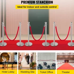 VEVOR Stanchion Post with Velvet Ropes, 6-Pack Crowd Control Stanchion with 3PCS 5FT Red Velvet Ropes, Stainless Steel Queue Barrier Line Divider with Ball Top for Events, Museums, Parties