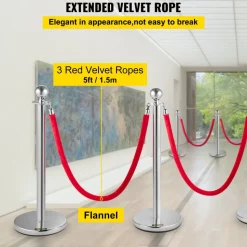 VEVOR Stanchion Post with Velvet Ropes, 6-Pack Crowd Control Stanchion with 3PCS 5FT Red Velvet Ropes, Stainless Steel Queue Barrier Line Divider with Ball Top for Events, Museums, Parties