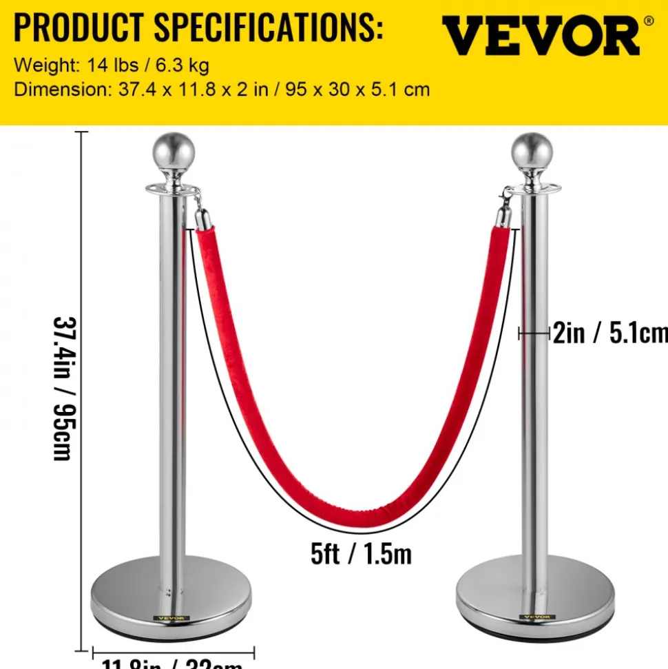 VEVOR Stanchion Post with Velvet Ropes, 6-Pack Crowd Control Stanchion with 3PCS 5FT Red Velvet Ropes, Stainless Steel Queue Barrier Line Divider with Ball Top for Events, Museums, Parties