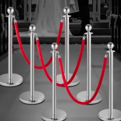 VEVOR Stanchion Post with Velvet Ropes, 6-Pack Crowd Control Stanchion with 3PCS 5FT Red Velvet Ropes, Stainless Steel Queue Barrier Line Divider with Ball Top for Events, Museums, Parties