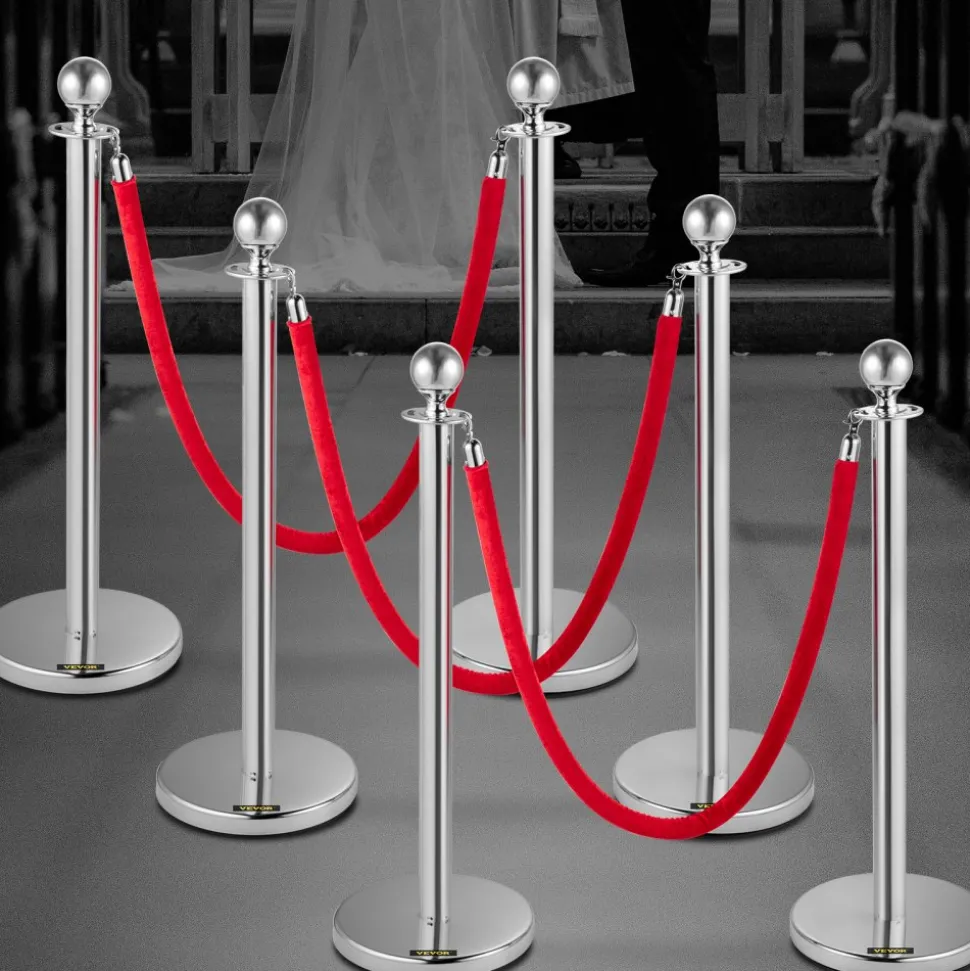 VEVOR Stanchion Post with Velvet Ropes, 6-Pack Crowd Control Stanchion with 3PCS 5FT Red Velvet Ropes, Stainless Steel Queue Barrier Line Divider with Ball Top for Events, Museums, Parties