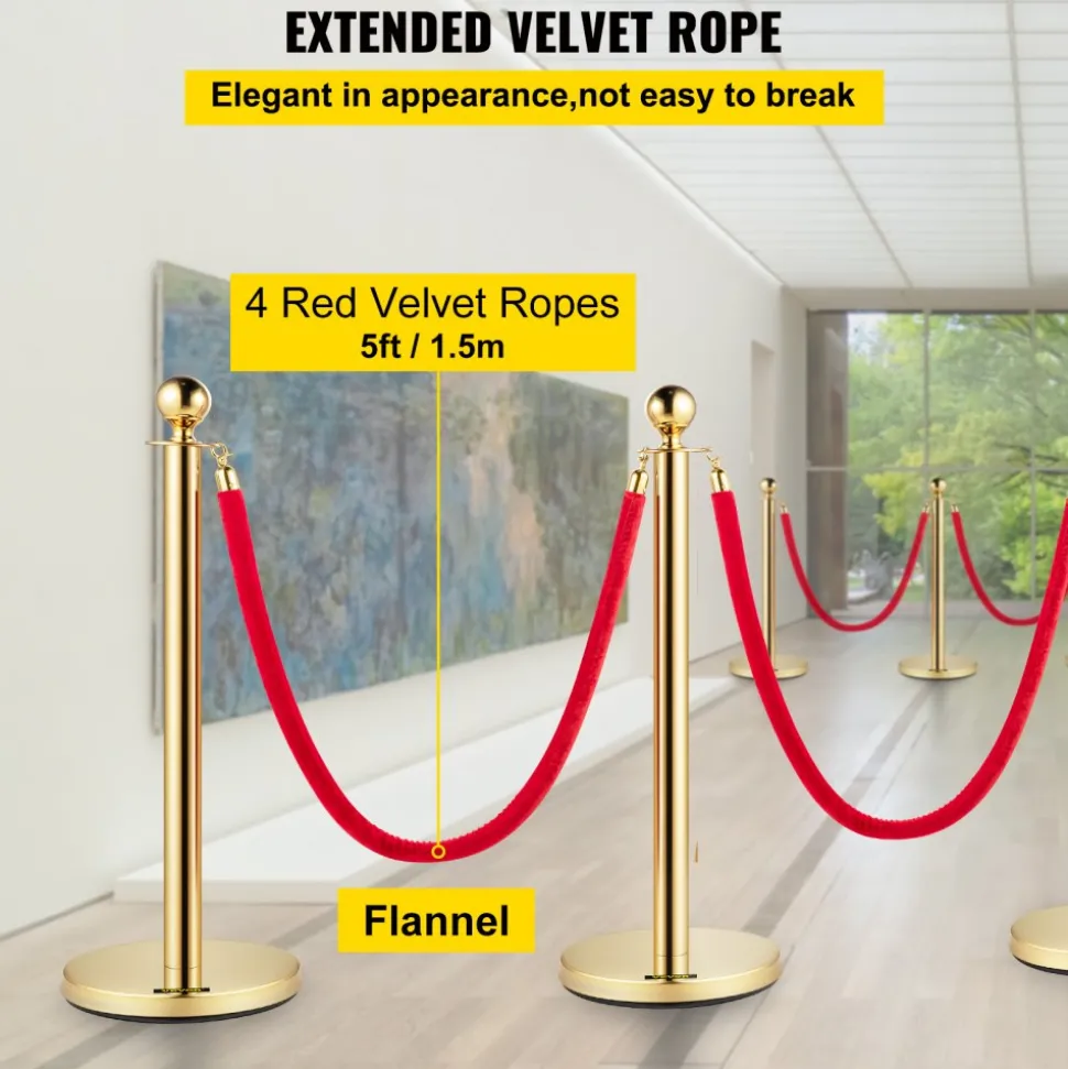 VEVOR Stanchion Post with Velvet Rope, 6-Pack Crowd Control Stanchion with 4PCS 5FT Red Velvet Ropes, Stainless Steel Queue Barrier Line Divider with Ball Top for Events, Museums, Parties