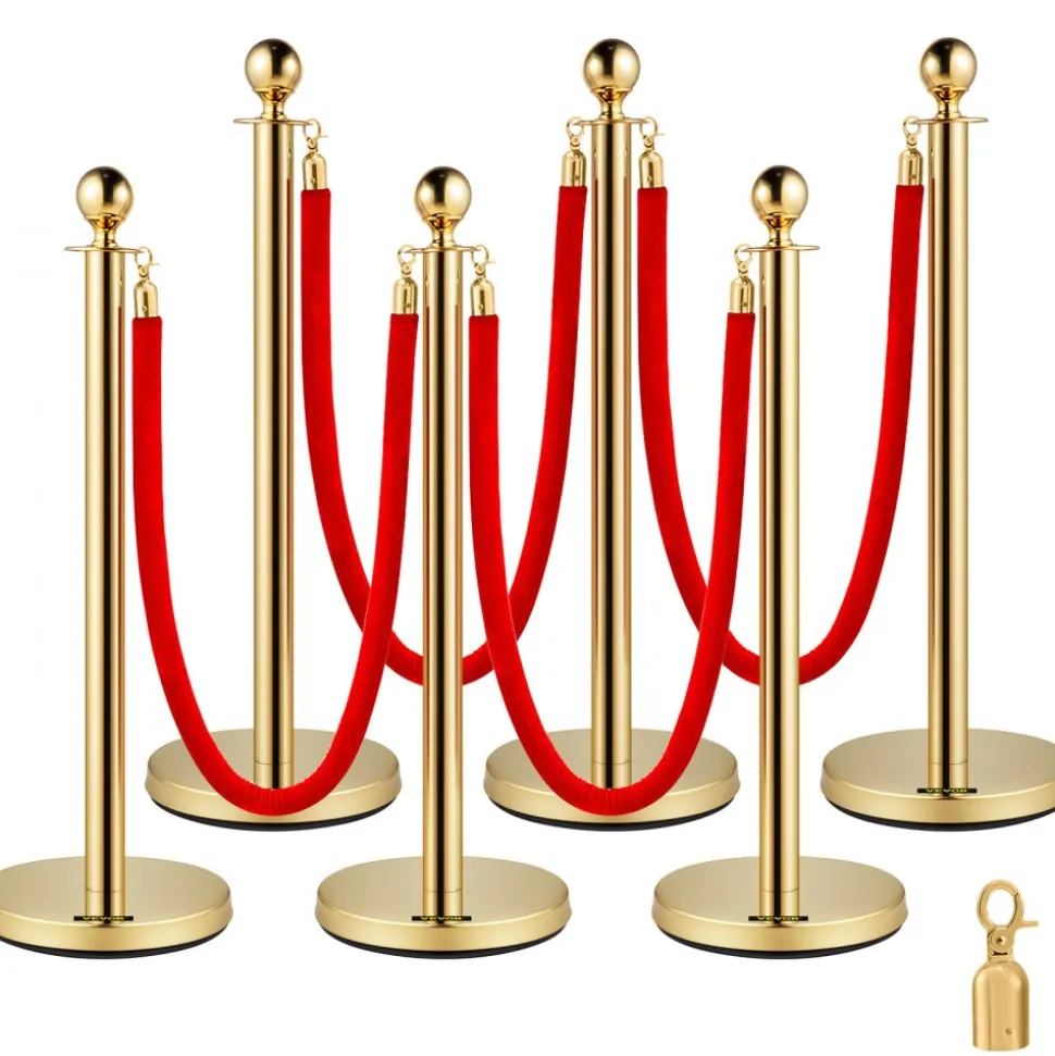 VEVOR Stanchion Post with Velvet Rope, 6-Pack Crowd Control Stanchion with 4PCS 5FT Red Velvet Ropes, Stainless Steel Queue Barrier Line Divider with Ball Top for Events, Museums, Parties
