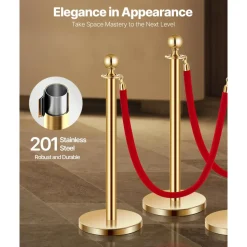 VEVOR Stanchions and Velvet Ropes 6Pcs, Hollow Base with Stainless Steel Post, 4 Red Velvet Ropes and Posts, Crowd Control Barriers Gold Stanchions, Red Carpet Runner Poles for Party Supplies