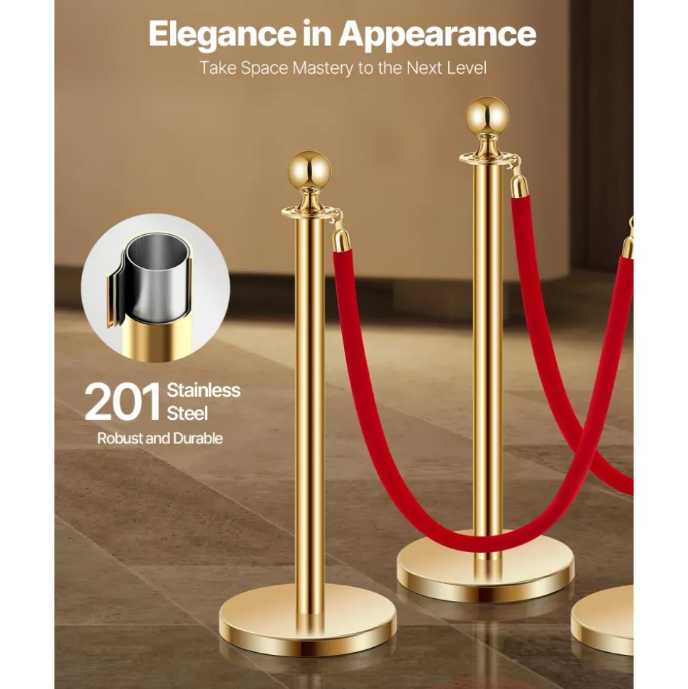 VEVOR Stanchions and Velvet Ropes 6Pcs, Hollow Base with Stainless Steel Post, 4 Red Velvet Ropes and Posts, Crowd Control Barriers Gold Stanchions, Red Carpet Runner Poles for Party Supplies