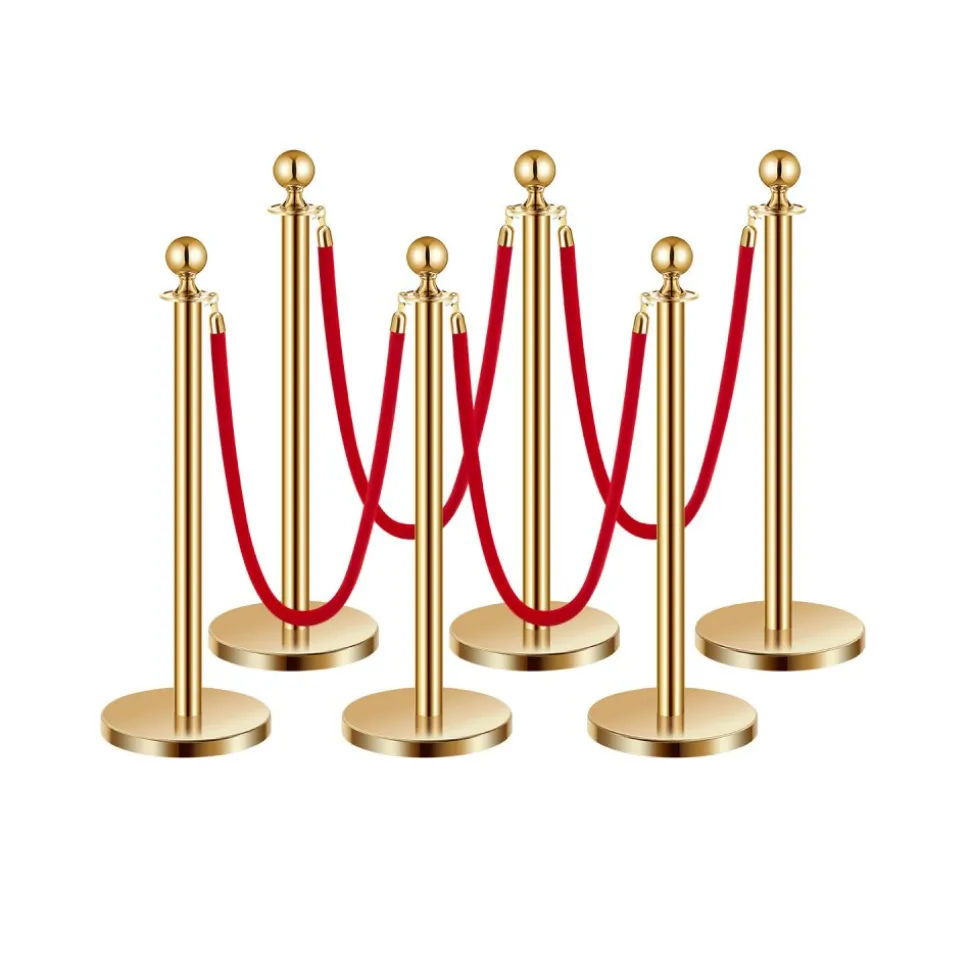 VEVOR Stanchions and Velvet Ropes 6Pcs, Hollow Base with Stainless Steel Post, 4 Red Velvet Ropes and Posts, Crowd Control Barriers Gold Stanchions, Red Carpet Runner Poles for Party Supplies
