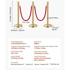 VEVOR Stanchions and Velvet Ropes 6Pcs, Hollow Base with Stainless Steel Post, 4 Red Velvet Ropes and Posts, Crowd Control Barriers Gold Stanchions, Red Carpet Runner Poles for Party Supplies