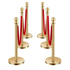 VEVOR Stanchions and Velvet Ropes 6Pcs, Hollow Base with Stainless Steel Post, 4 Red Velvet Ropes and Posts, Crowd Control Barriers Gold Stanchions, Red Carpet Runner Poles for Party Supplies