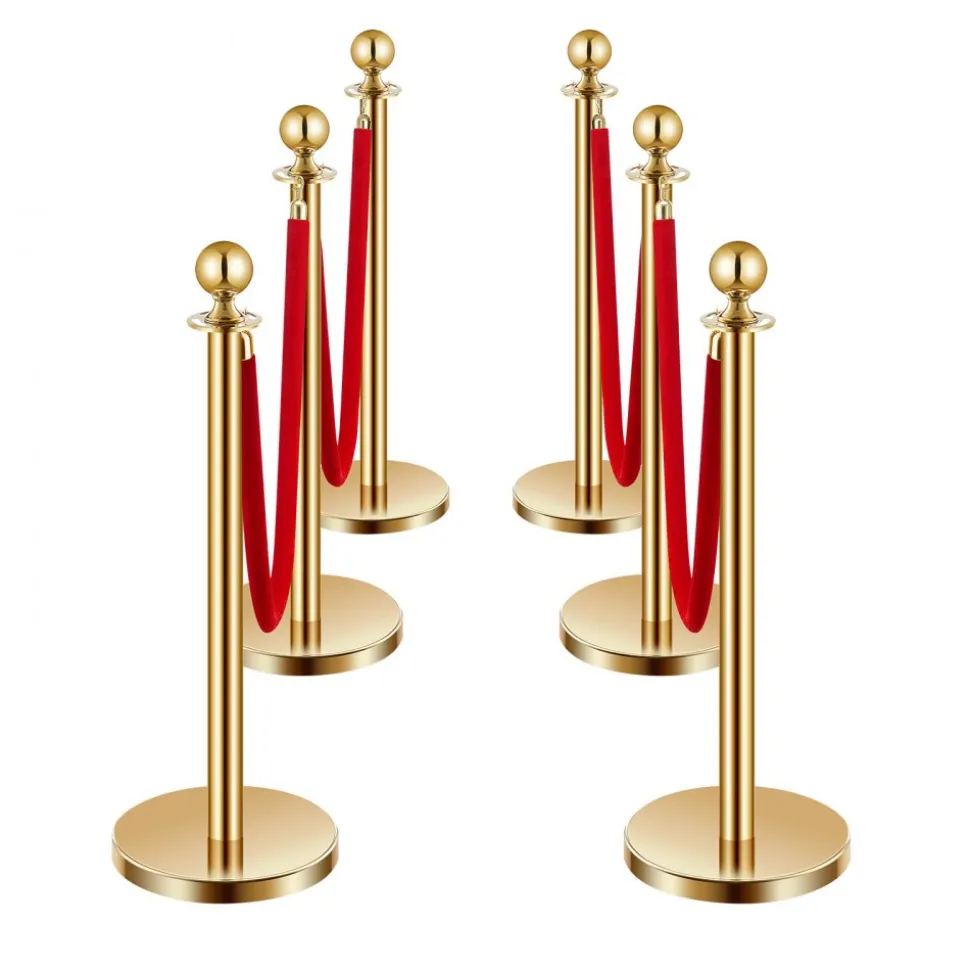 VEVOR Stanchions and Velvet Ropes 6Pcs, Hollow Base with Stainless Steel Post, 4 Red Velvet Ropes and Posts, Crowd Control Barriers Gold Stanchions, Red Carpet Runner Poles for Party Supplies