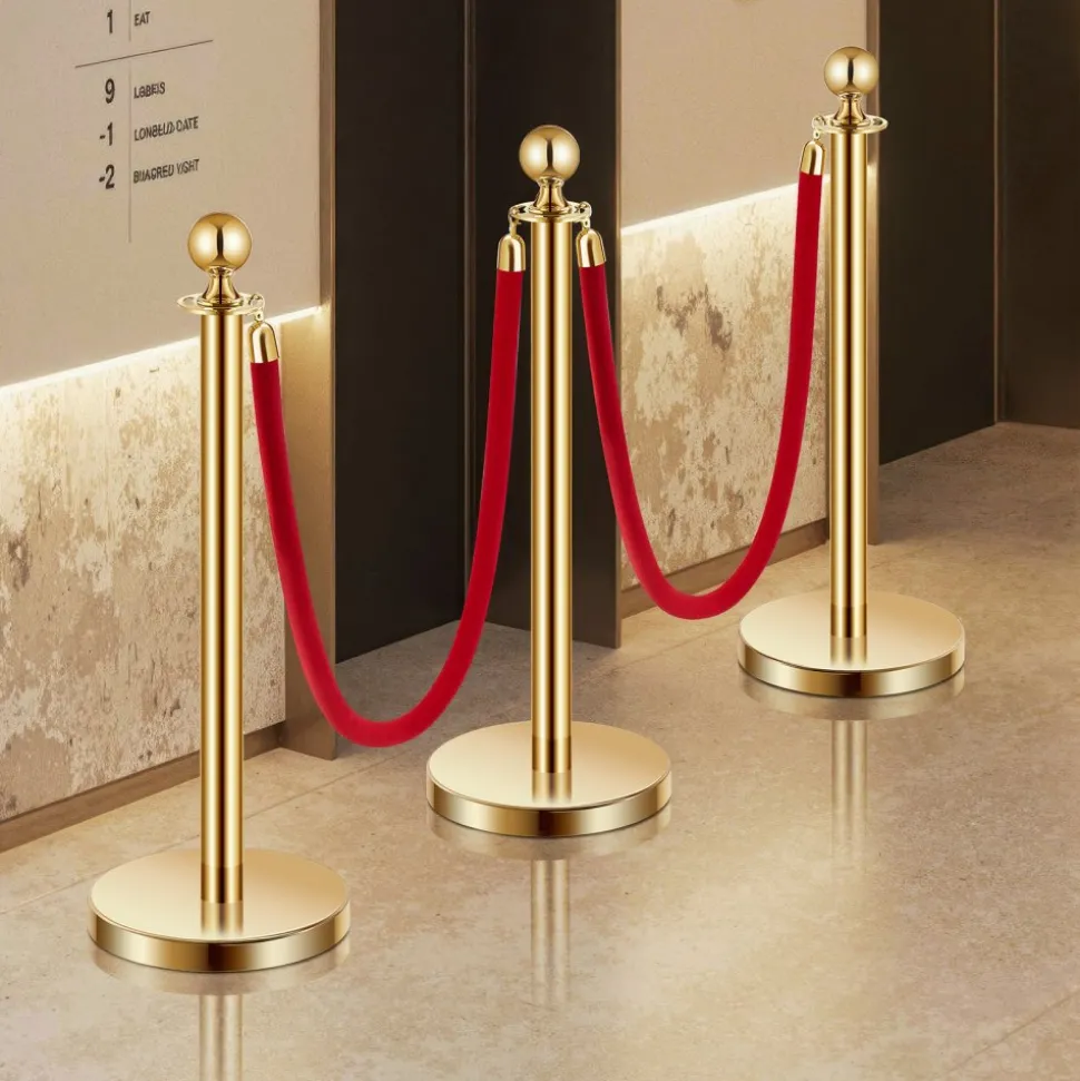 VEVOR Stanchions and Velvet Ropes 6Pcs, Hollow Base with Stainless Steel Post, 4 Red Velvet Ropes and Posts, Crowd Control Barriers Gold Stanchions, Red Carpet Runner Poles for Party Supplies