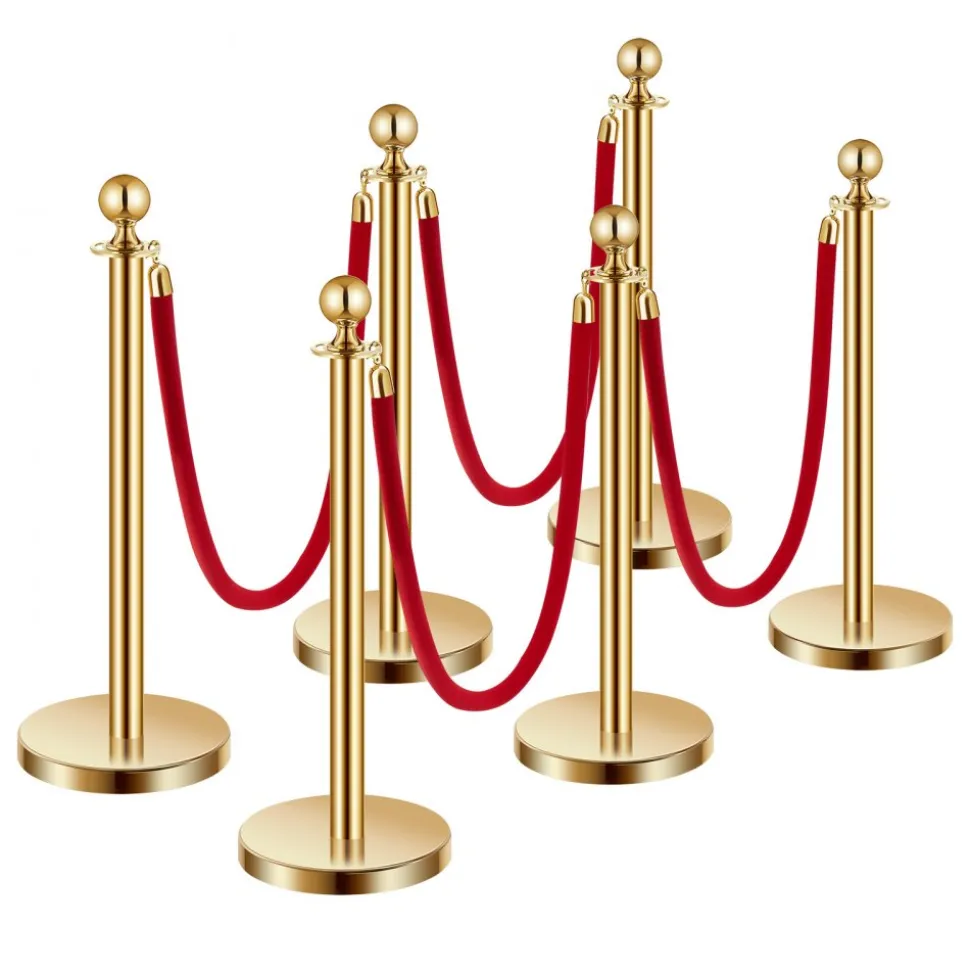 VEVOR Stanchions and Velvet Ropes 6Pcs, Hollow Base with Stainless Steel Post, 4 Red Velvet Ropes and Posts, Crowd Control Barriers Gold Stanchions, Red Carpet Runner Poles for Party Supplies