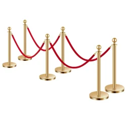 VEVOR Stanchions and Velvet Ropes 6Pcs, Hollow Base with Stainless Steel Post, 4 Red Velvet Ropes and Posts, Crowd Control Barriers Gold Stanchions, Red Carpet Runner Poles for Party Supplies