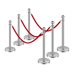 VEVOR Stanchions and Velvet Ropes 6Pcs, Hollow Base with Stainless Steel Post, 3 Red Velvet Ropes and Posts, Crowd Control Barriers Silver Stanchions, Red Carpet Runner Poles for Party Supplies
