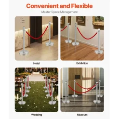 VEVOR Stanchions and Velvet Ropes 6Pcs, Hollow Base with Stainless Steel Post, 3 Red Velvet Ropes and Posts, Crowd Control Barriers Silver Stanchions, Red Carpet Runner Poles for Party Supplies
