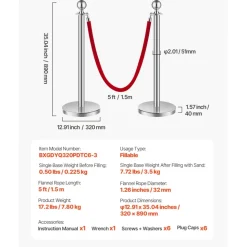 VEVOR Stanchions and Velvet Ropes 6Pcs, Hollow Base with Stainless Steel Post, 3 Red Velvet Ropes and Posts, Crowd Control Barriers Silver Stanchions, Red Carpet Runner Poles for Party Supplies