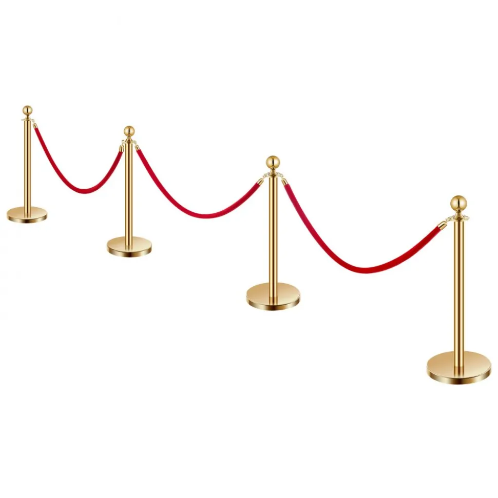 VEVOR Stanchions and Velvet Ropes 4Pcs, Hollow Base with Stainless Steel Post, 3 Red Velvet Ropes and Posts, Crowd Control Barriers Gold Stanchions, Red Carpet Runner Poles for Party Supplies