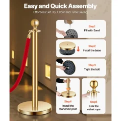 VEVOR Stanchions and Velvet Ropes 4Pcs, Hollow Base with Stainless Steel Post, 3 Red Velvet Ropes and Posts, Crowd Control Barriers Gold Stanchions, Red Carpet Runner Poles for Party Supplies