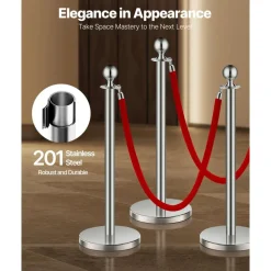 VEVOR Stanchions and Velvet Ropes 8Pcs, Hollow Base with Stainless Steel Post, 4 Red Velvet Ropes and Posts, Crowd Control Barriers Silver Stanchions, Red Carpet Runner Poles for Party Supplies