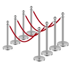 VEVOR Stanchions and Velvet Ropes 8Pcs, Hollow Base with Stainless Steel Post, 4 Red Velvet Ropes and Posts, Crowd Control Barriers Silver Stanchions, Red Carpet Runner Poles for Party Supplies