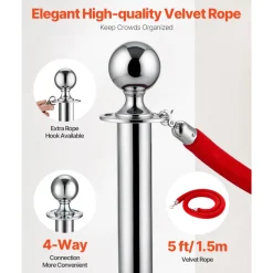 VEVOR Stanchions and Velvet Ropes 8Pcs, Hollow Base with Stainless Steel Post, 4 Red Velvet Ropes and Posts, Crowd Control Barriers Silver Stanchions, Red Carpet Runner Poles for Party Supplies