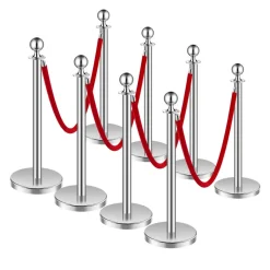 VEVOR Stanchions and Velvet Ropes 8Pcs, Hollow Base with Stainless Steel Post, 4 Red Velvet Ropes and Posts, Crowd Control Barriers Silver Stanchions, Red Carpet Runner Poles for Party Supplies