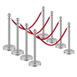 VEVOR Stanchions and Velvet Ropes 8Pcs, Hollow Base with Stainless Steel Post, 4 Red Velvet Ropes and Posts, Crowd Control Barriers Silver Stanchions, Red Carpet Runner Poles for Party Supplies