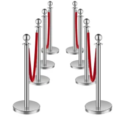 VEVOR Stanchions and Velvet Ropes 8Pcs, Hollow Base with Stainless Steel Post, 4 Red Velvet Ropes and Posts, Crowd Control Barriers Silver Stanchions, Red Carpet Runner Poles for Party Supplies