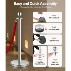 VEVOR Stanchions and Velvet Ropes 8Pcs, Hollow Base with Stainless Steel Post, 4 Red Velvet Ropes and Posts, Crowd Control Barriers Silver Stanchions, Red Carpet Runner Poles for Party Supplies