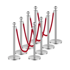 VEVOR Stanchions and Velvet Ropes 8Pcs, Hollow Base with Stainless Steel Post, 4 Red Velvet Ropes and Posts, Crowd Control Barriers Silver Stanchions, Red Carpet Runner Poles for Party Supplies