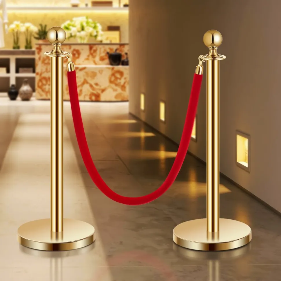 VEVOR Stanchions and Velvet Ropes 4Pcs, Hollow Base with Stainless Steel Post, 2 Red Velvet Ropes and Posts, Crowd Control Barriers Gold Stanchions, Red Carpet Runner Poles for Party Supplies