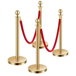 VEVOR Stanchions and Velvet Ropes 4Pcs, Hollow Base with Stainless Steel Post, 2 Red Velvet Ropes and Posts, Crowd Control Barriers Gold Stanchions, Red Carpet Runner Poles for Party Supplies