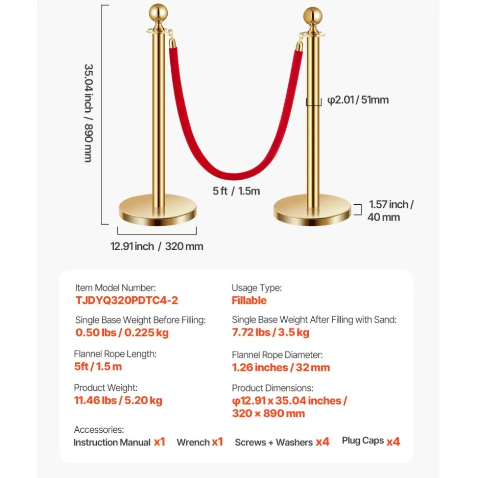 VEVOR Stanchions and Velvet Ropes 4Pcs, Hollow Base with Stainless Steel Post, 2 Red Velvet Ropes and Posts, Crowd Control Barriers Gold Stanchions, Red Carpet Runner Poles for Party Supplies