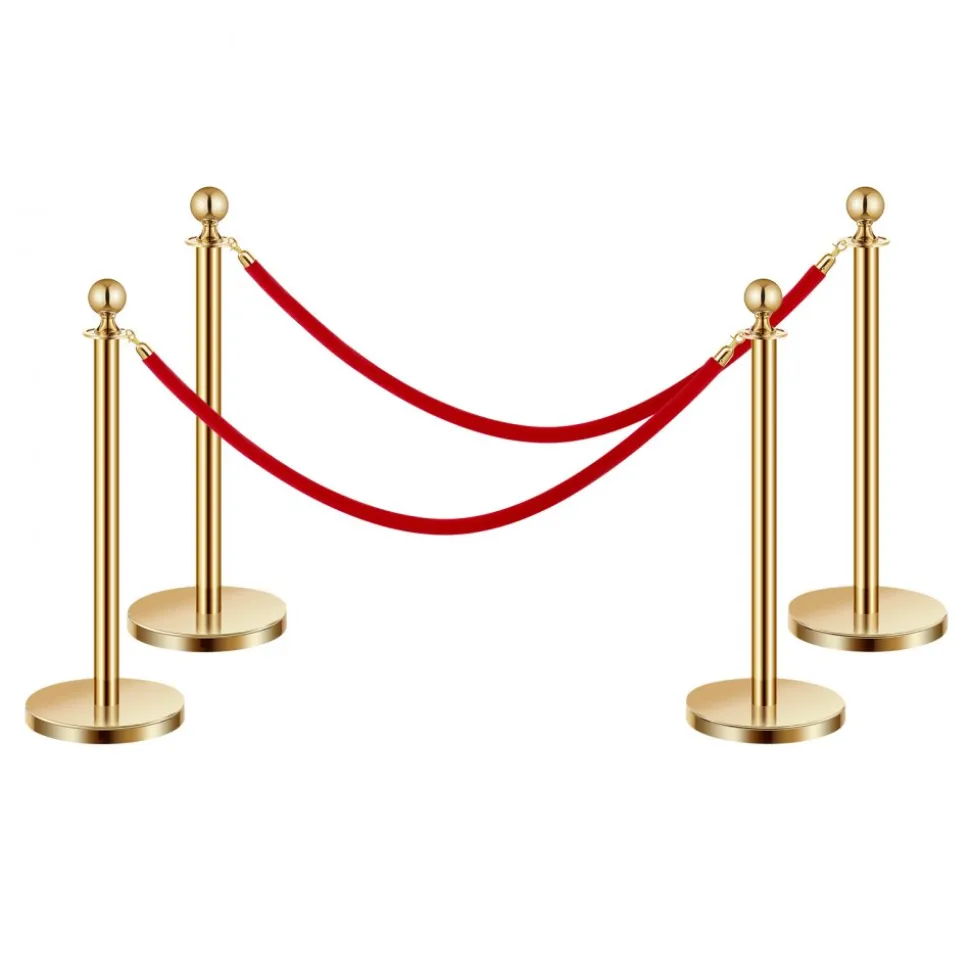VEVOR Stanchions and Velvet Ropes 4Pcs, Hollow Base with Stainless Steel Post, 2 Red Velvet Ropes and Posts, Crowd Control Barriers Gold Stanchions, Red Carpet Runner Poles for Party Supplies