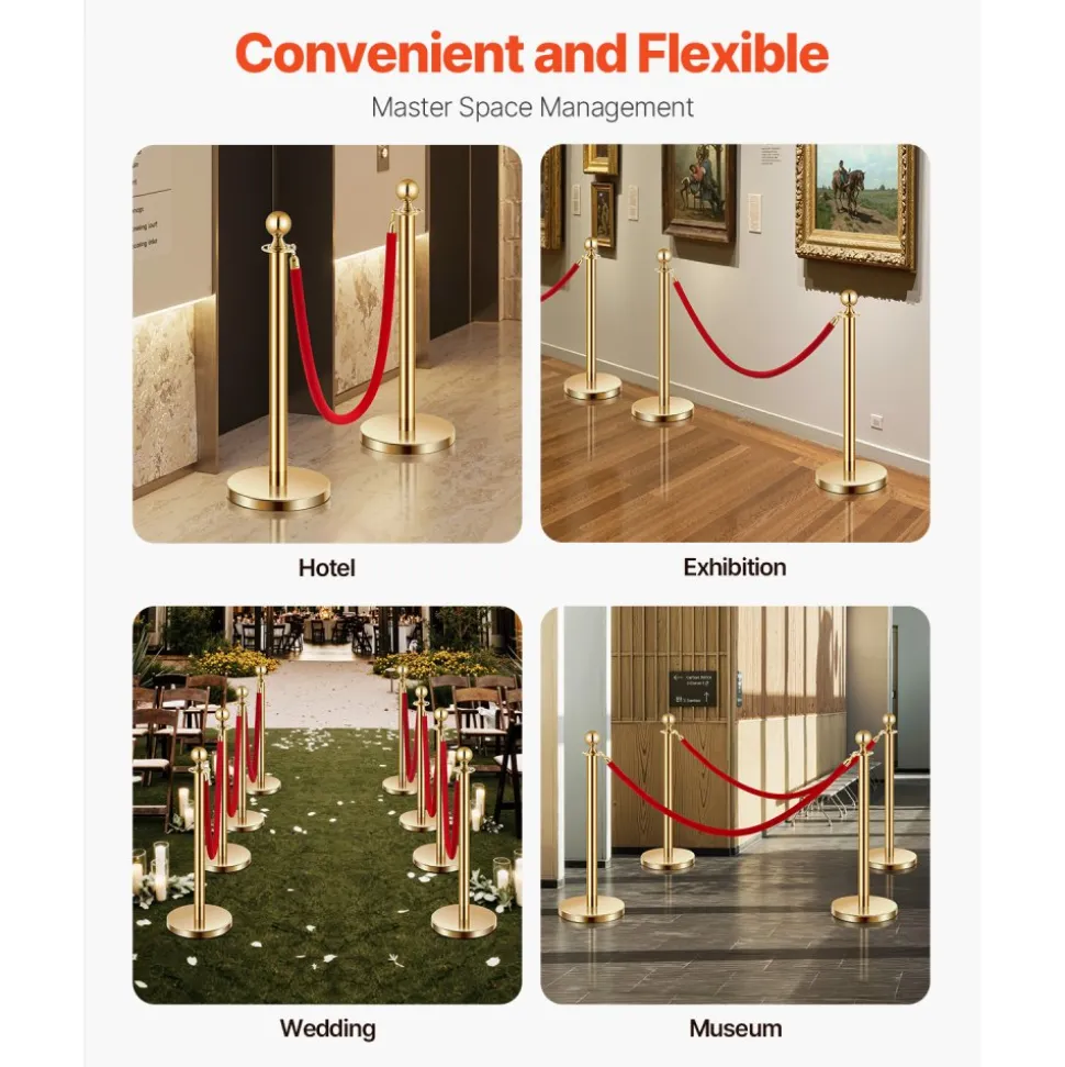 VEVOR Stanchions and Velvet Ropes 4Pcs, Hollow Base with Stainless Steel Post, 2 Red Velvet Ropes and Posts, Crowd Control Barriers Gold Stanchions, Red Carpet Runner Poles for Party Supplies