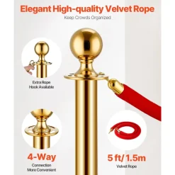 VEVOR Stanchions and Velvet Ropes, 6 Pcs Crowd Control Barriers with 4 Black Velvet Ropes, Stainless Steel Stanchion Post Queue with Sand Injection Hollow Base for Theater, Wedding, Party Supplies