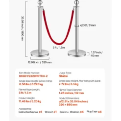 VEVOR Stanchions and Velvet Ropes 4Pcs, Hollow Base with Stainless Steel Post, 2 Red Velvet Ropes and Posts, Crowd Control Barriers Silver Stanchions, Red Carpet Runner Poles for Party Supplies