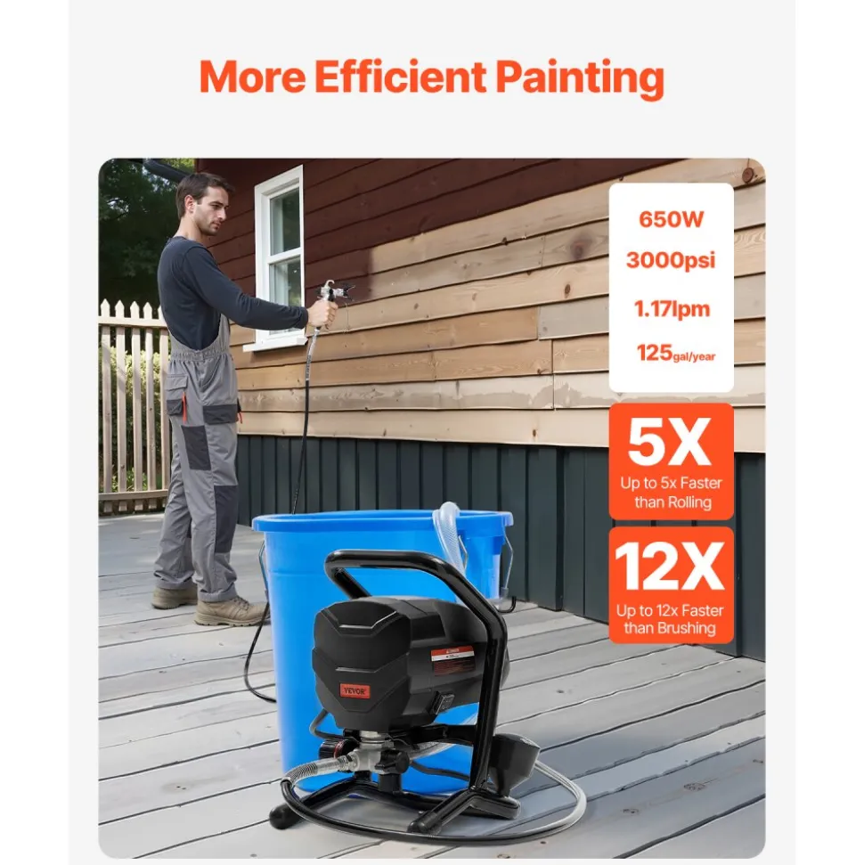 VEVOR Stand Airless Paint Sprayer, 650W High Efficiency Airless Sprayer, 3000PSI Electric Paint Sprayer Machine Extension Rod and Cleaning Kits for Interior and Exterior Furniture/Fence/Home/House