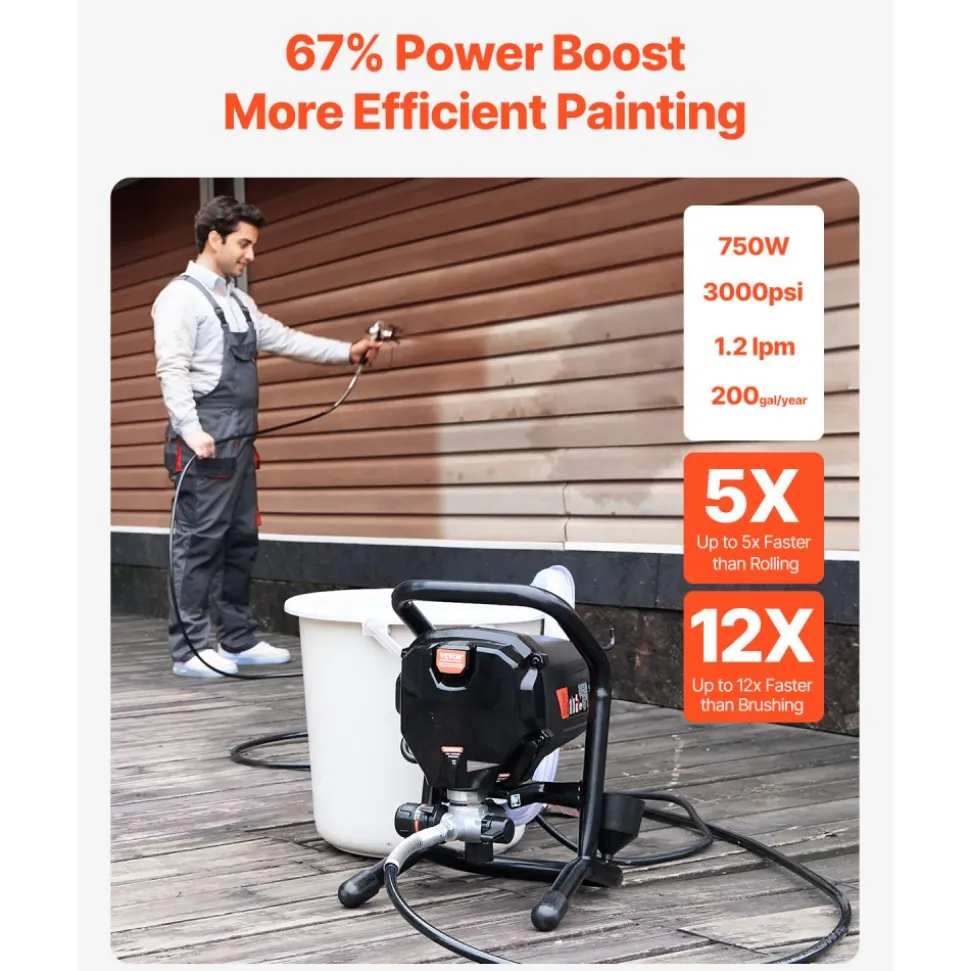 VEVOR Stand Airless Paint Sprayer, 3000PSI 750W Efficient Electric Airless Sprayer,for Home Interior and Exterior Furniture and Fences, Handheld Paint Sprayers, Fine and Even Painting Effect