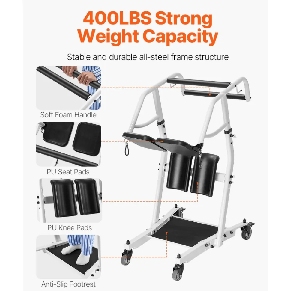 VEVOR Stand Assist Patient Lift, Easy Sit-to-Stand Transfer Chair for Seniors Disabled - with Adjustable Knee Pads, PU Seat Pad & Lockable Wheels, 400 lbs Strong Capacity for Home Nursing Care