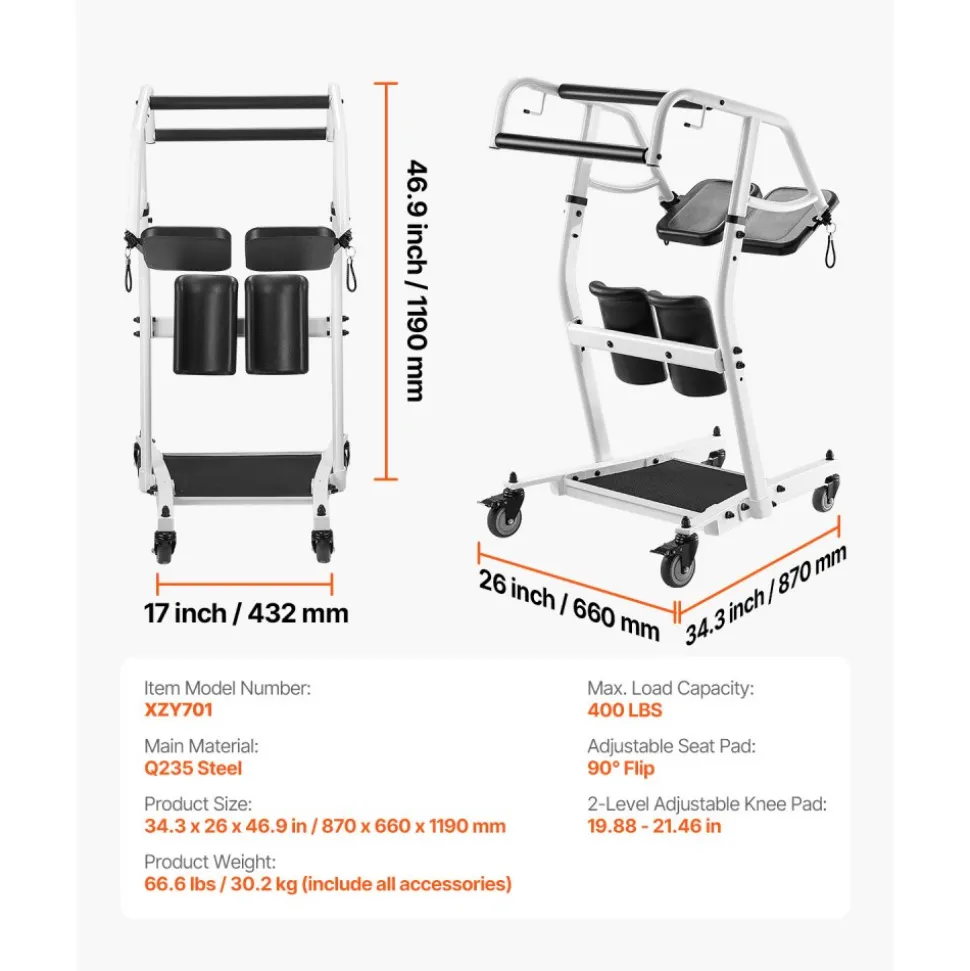 VEVOR Stand Assist Patient Lift, Easy Sit-to-Stand Transfer Chair for Seniors Disabled - with Adjustable Knee Pads, PU Seat Pad & Lockable Wheels, 400 lbs Strong Capacity for Home Nursing Care