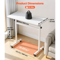 VEVOR Standing Desk, Adjustable Height Mobile Stand Up Desk with Lockable Casters, 32 x 16 in Small Computer Sit Stand Rolling Workstation with Hook, 55.1 lbs Desktop Capacity, for Home Office, White