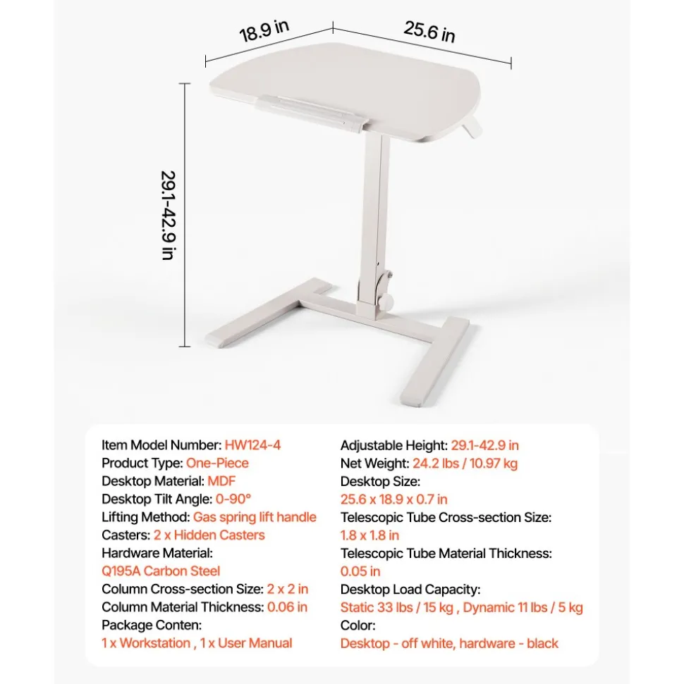 VEVOR Standing Desk, Adjustable Height Mobile Stand Up Desk with Tilting Desktop, 25.6 x 19 in Small Computer Sit Stand Workstation, 33 lbs Capacity, Pneumatic Lift for Home Office, Fully Assembled