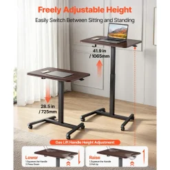 VEVOR Standing Desk, Adjustable Height Mobile Stand Up Desk with 4 Casters, 25.6 x 19 in Small Computer Sit Stand Rolling Workstation with Hook, 33 lbs Desktop Capacity, Ideal for Home Office, Brown