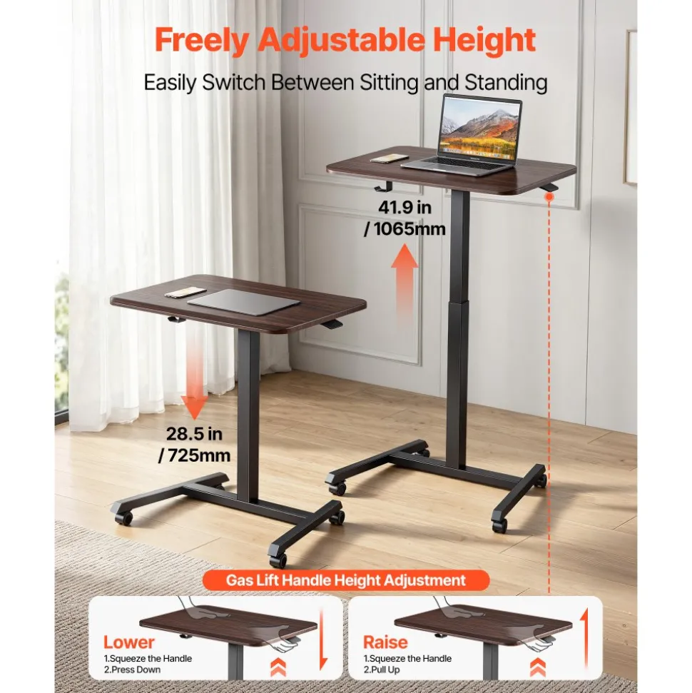 VEVOR Standing Desk, Adjustable Height Mobile Stand Up Desk with 4 Casters, 25.6 x 19 in Small Computer Sit Stand Rolling Workstation with Hook, 33 lbs Desktop Capacity, Ideal for Home Office, Brown