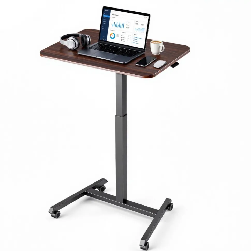 VEVOR Standing Desk, Adjustable Height Mobile Stand Up Desk with 4 Casters, 25.6 x 19 in Small Computer Sit Stand Rolling Workstation with Hook, 33 lbs Desktop Capacity, Ideal for Home Office, Brown