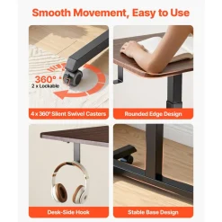 VEVOR Standing Desk, Adjustable Height Mobile Stand Up Desk with 4 Casters, 25.6 x 19 in Small Computer Sit Stand Rolling Workstation with Hook, 33 lbs Desktop Capacity, Ideal for Home Office, Brown